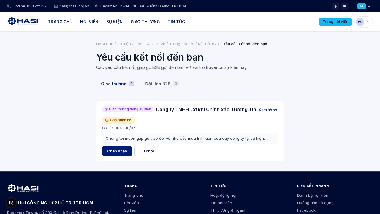 Trang Yêu cầu kết nối đến bạn với tab Giao thương và Đặt lịch B2B, thẻ yêu cầu trạng thái Chờ phản hồi