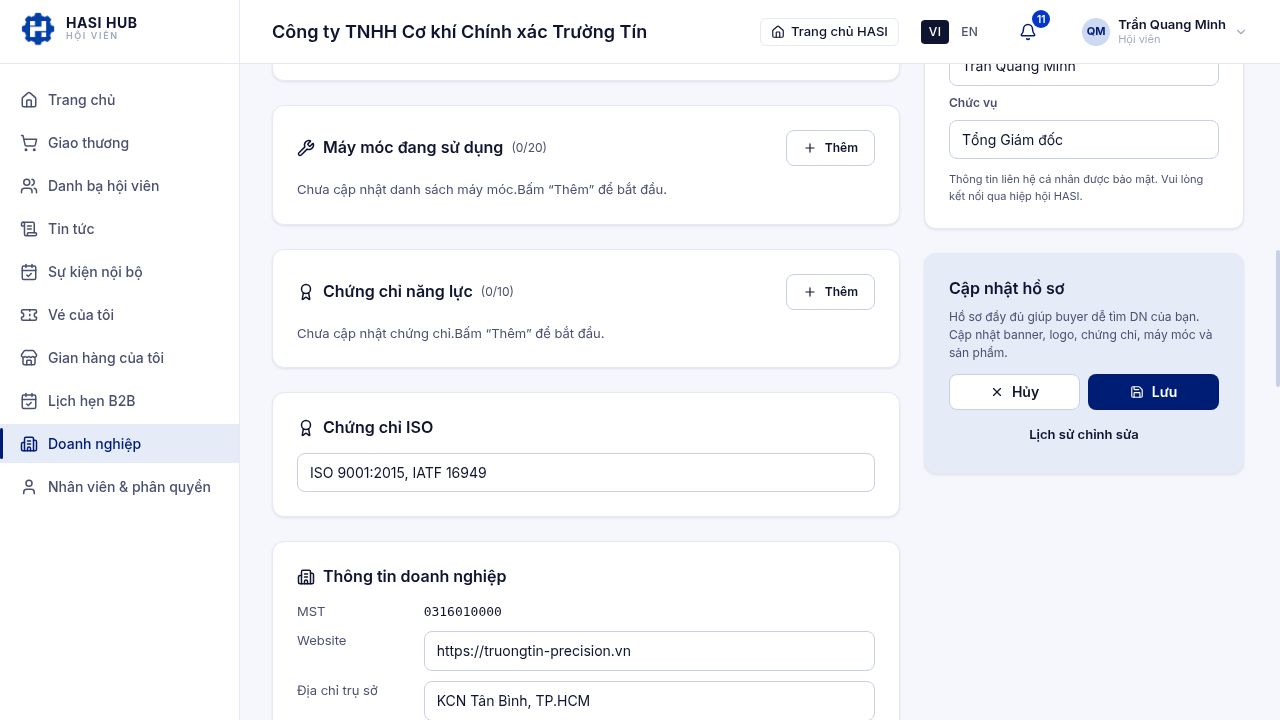 Nút lưu hồ sơ và các mục thông tin doanh nghiệp