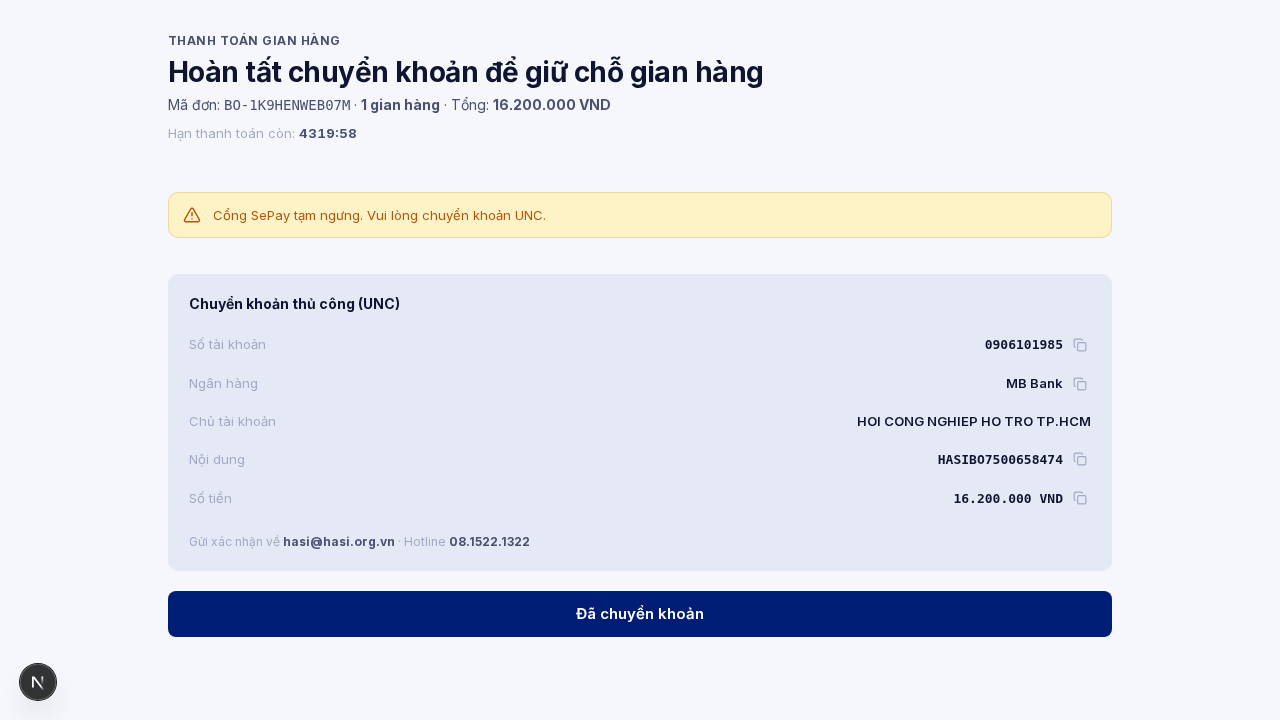 Trang thanh toán với thông tin tài khoản và nội dung chuyển khoản UNC