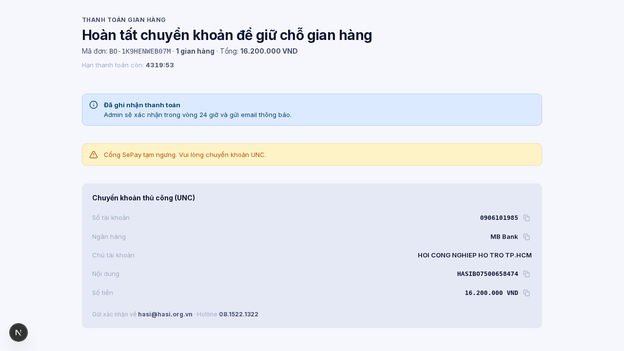 Trạng thái đã ghi nhận thanh toán, chờ VP HASI xác nhận