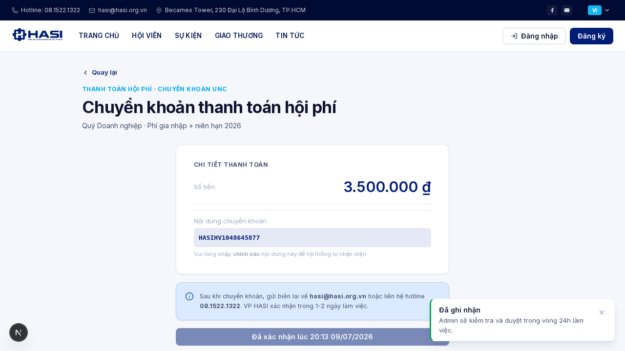 Trạng thái đã xác nhận chuyển khoản, chờ VP HASI duyệt