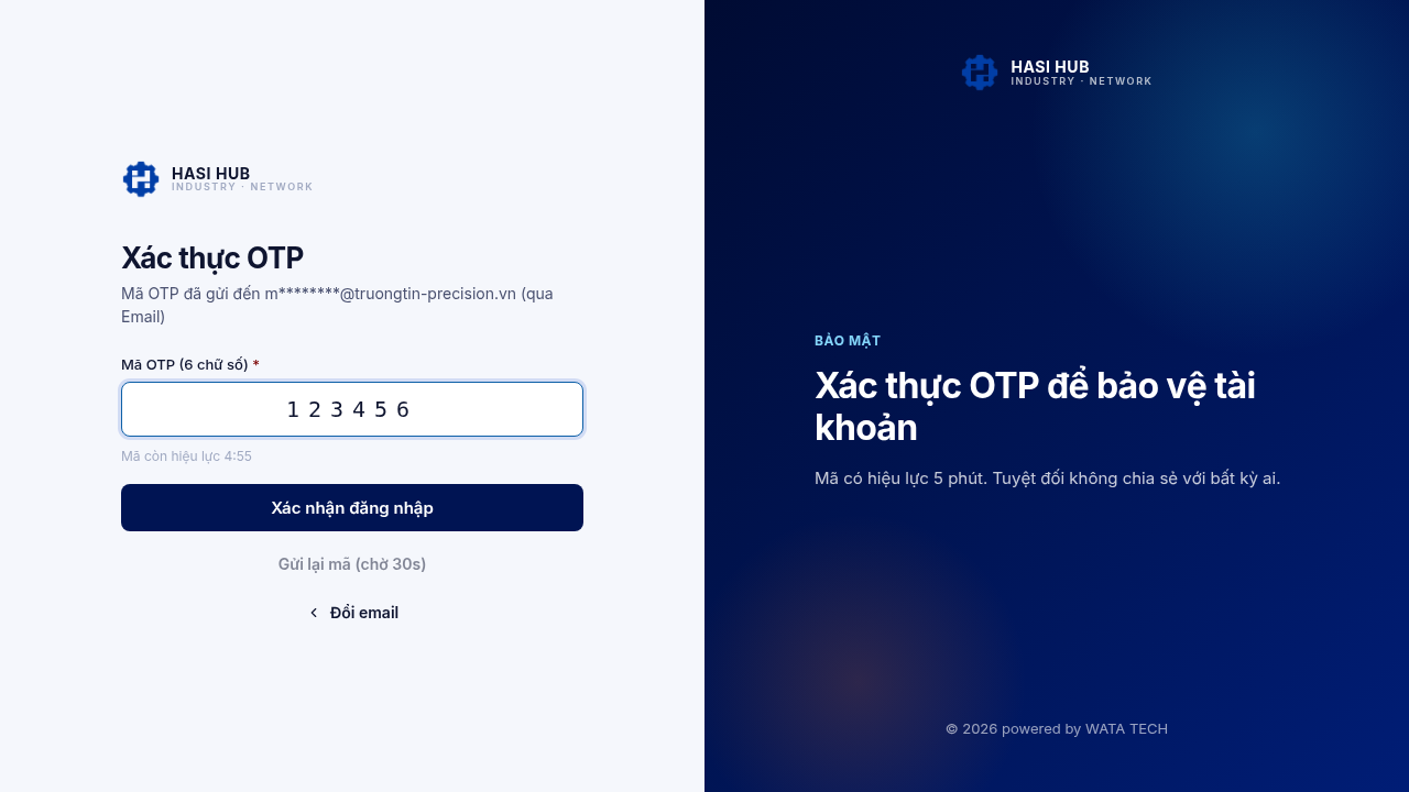 Màn hình nhập mã OTP gửi qua email