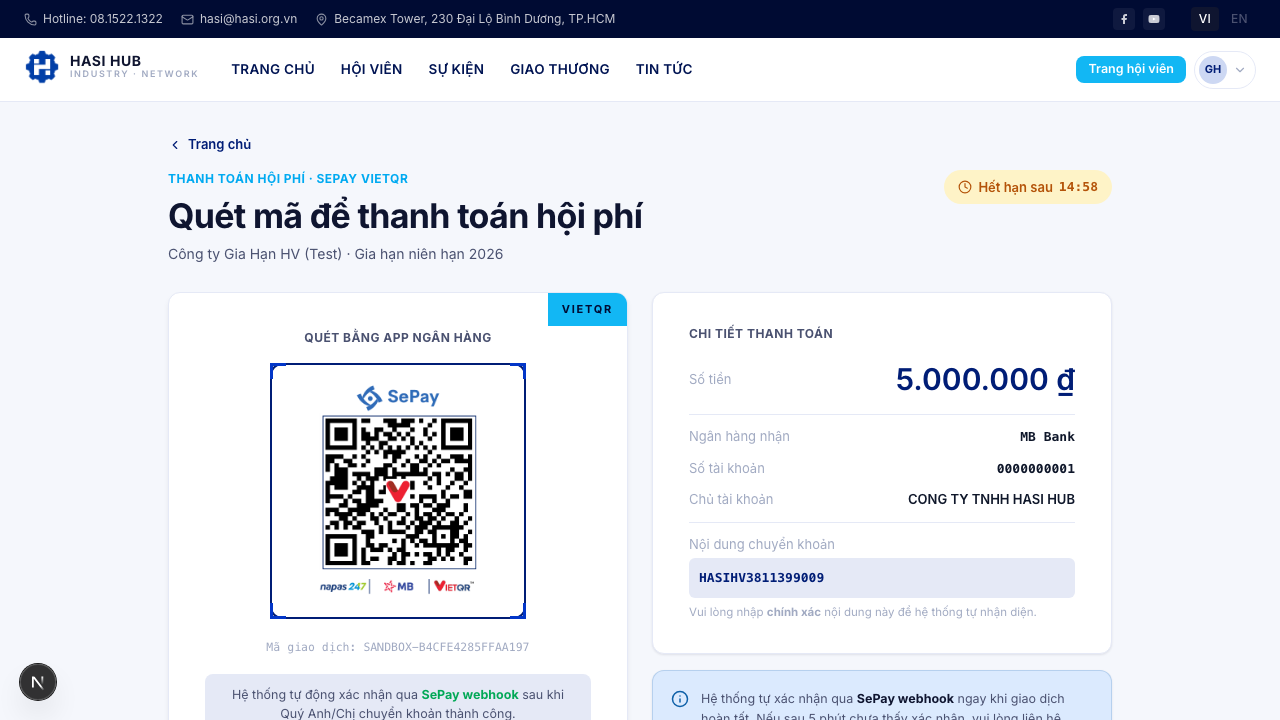 Trang thanh toán SePay với QR code, số tiền 5.000.000đ, ngân hàng MB Bank và nội dung chuyển khoản