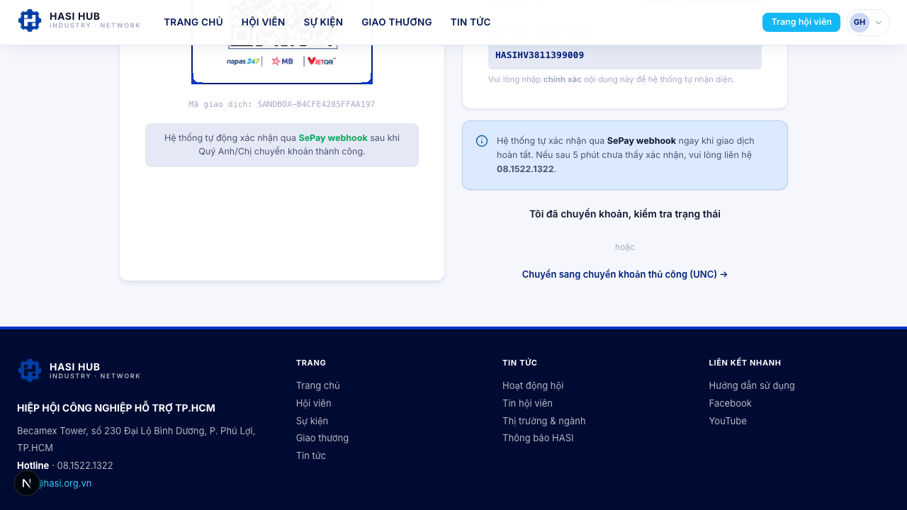 Phần hướng dẫn SePay webhook và lưu ý hệ thống tự xác nhận sau giao dịch thành công