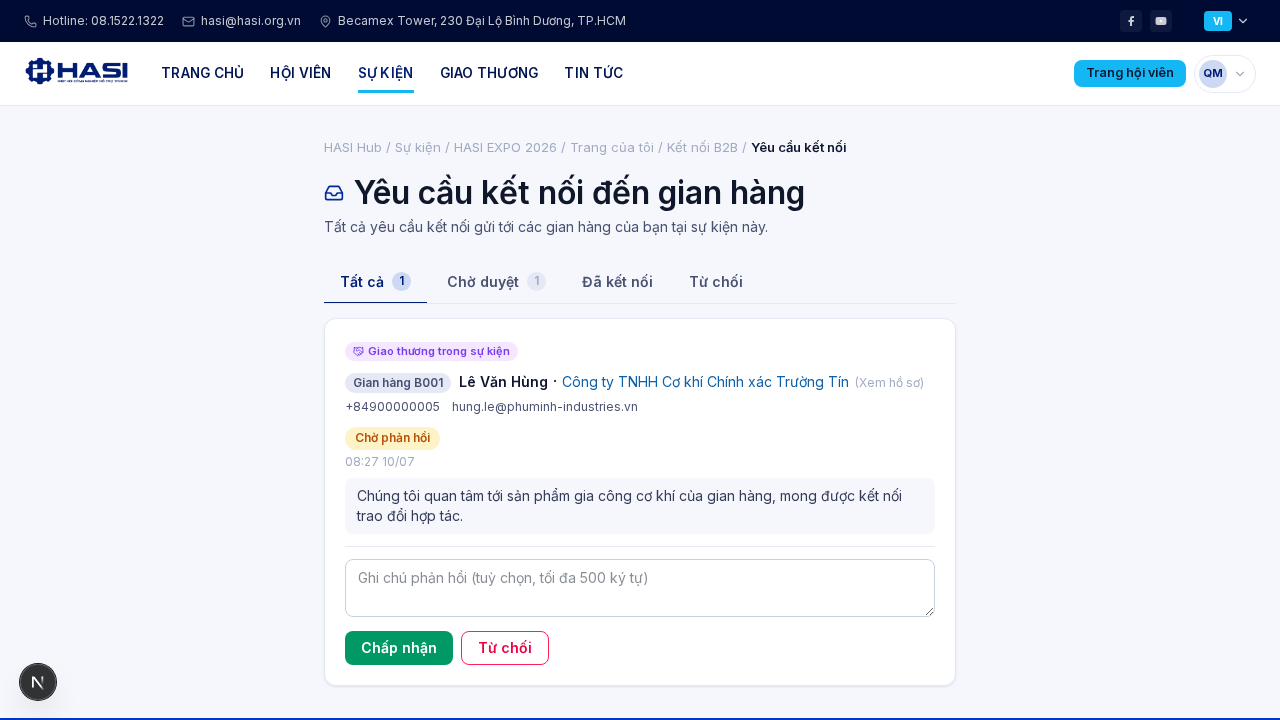 Danh sách yêu cầu kết nối với tên người gửi, công ty và trạng thái
