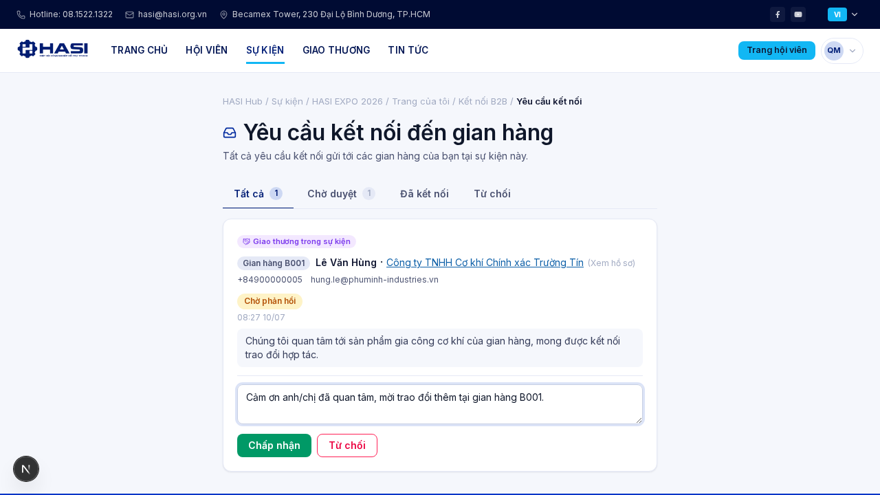 Ô nhập ghi chú và hai nút Chấp nhận, Từ chối trên yêu cầu kết nối