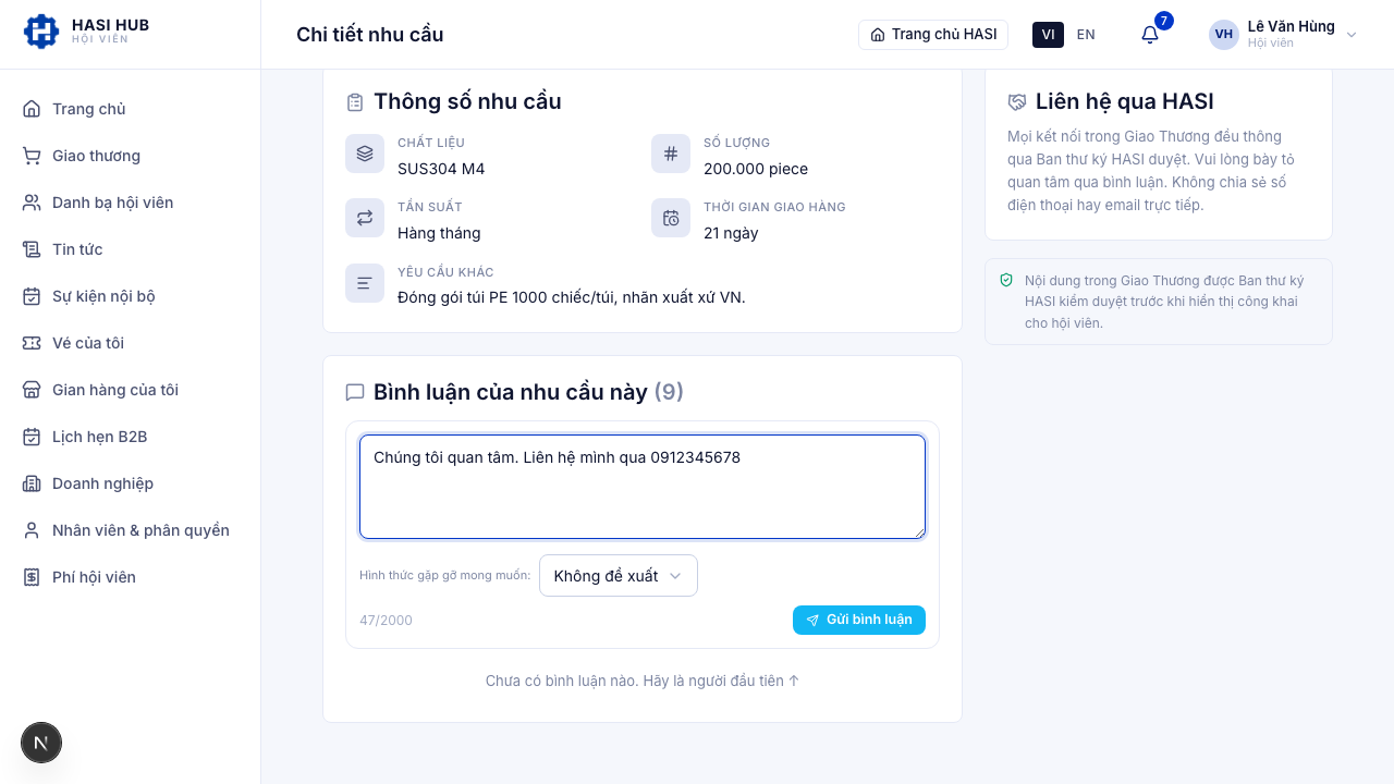 Ô bình luận nhập nội dung kèm số điện thoại 0912345678