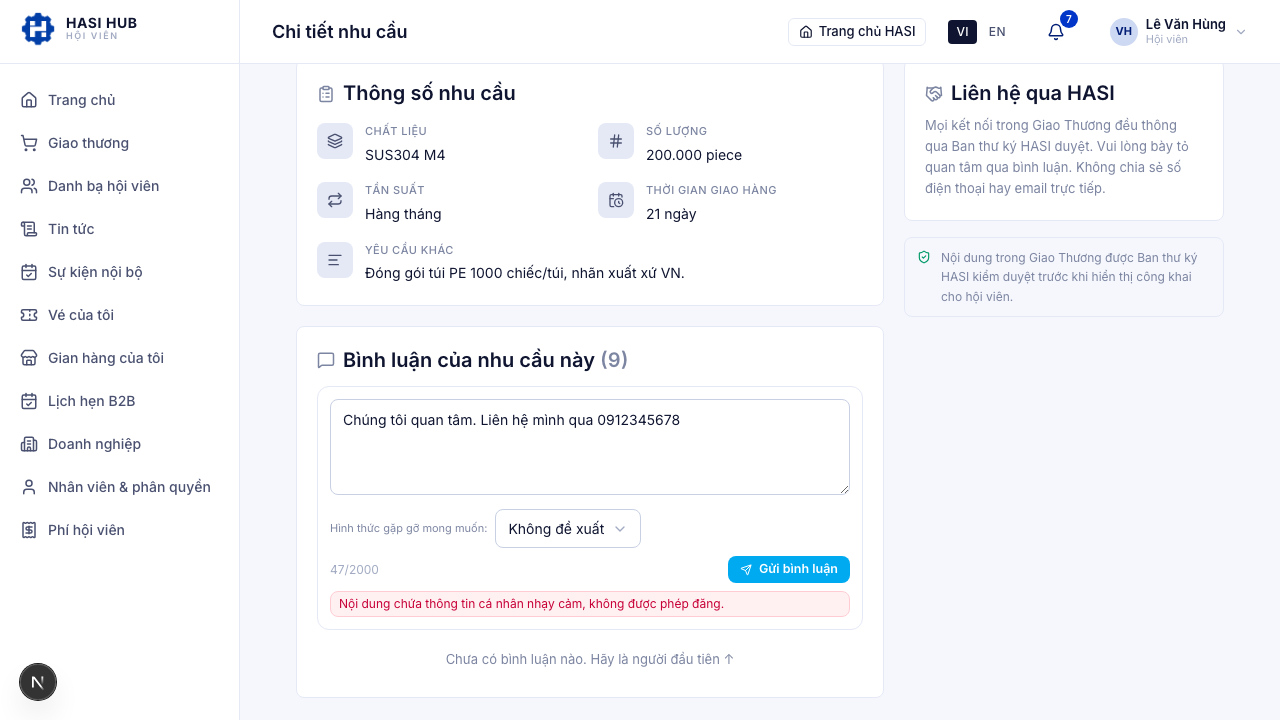 Cảnh báo Nội dung chứa thông tin cá nhân nhạy cảm hiển thị dưới ô bình luận
