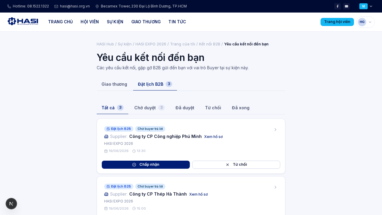 Hộp thư Yêu cầu kết nối đến bạn, tab Đặt lịch B2B với danh sách yêu cầu chờ phản hồi