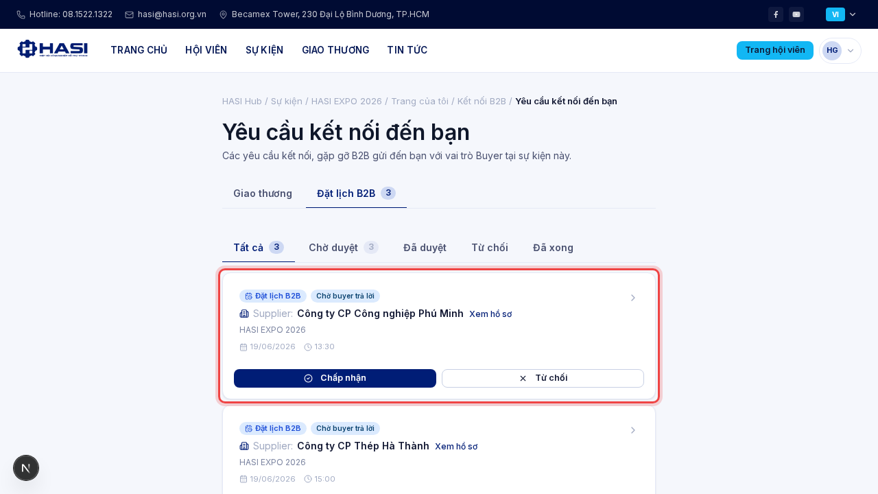 Thẻ yêu cầu đặt lịch B2B với tên supplier và hai nút Chấp nhận, Từ chối