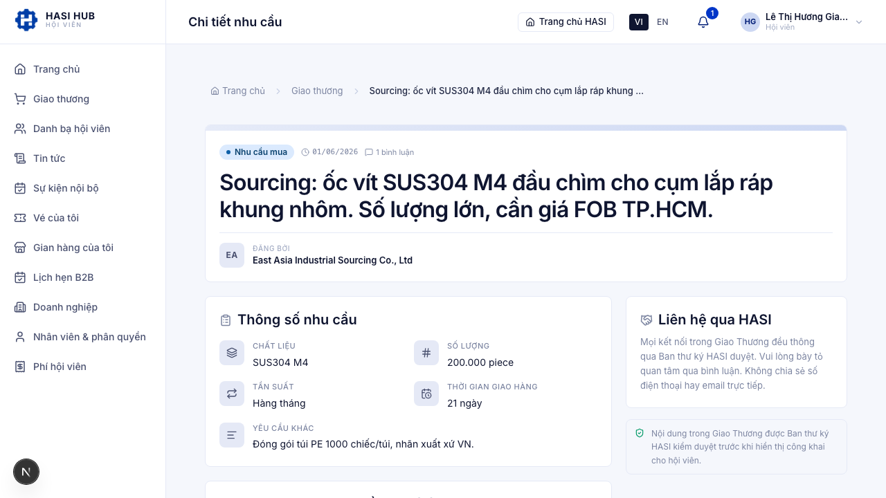 Trang chi tiết nhu cầu với thông số kỹ thuật, tên doanh nghiệp đăng và khung Kết nối trực tiếp