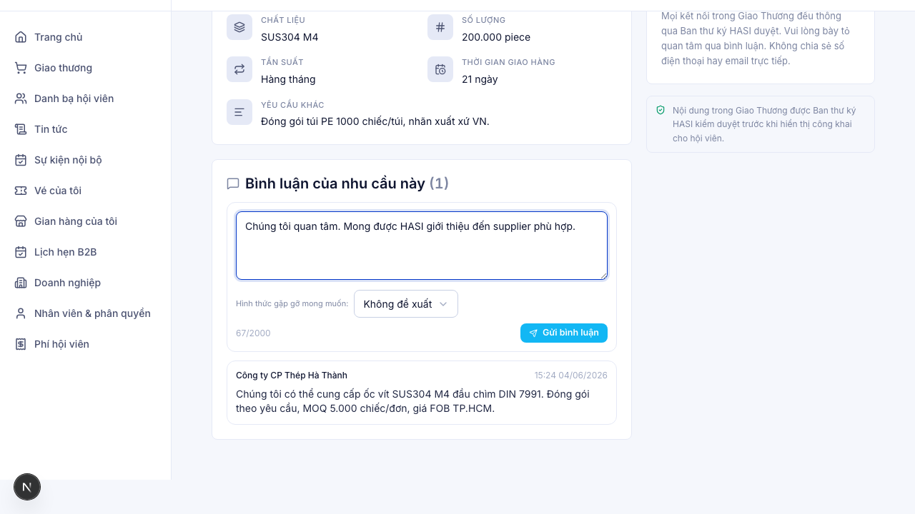 Khung Bình luận với nội dung quan tâm và nút Gửi bình luận