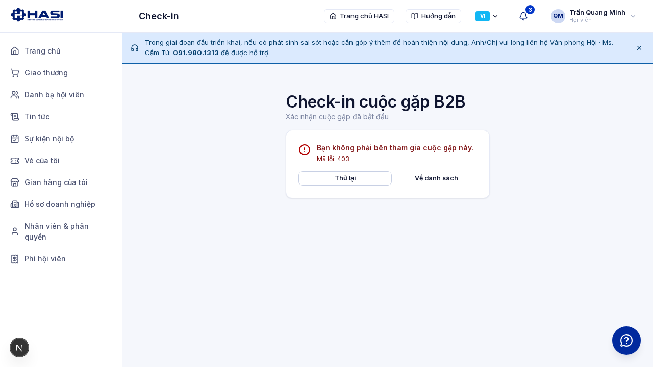 Màn hình xác nhận đã check-in cuộc gặp B2B kèm thời điểm bắt đầu, nút Xem chi tiết và Về danh sách