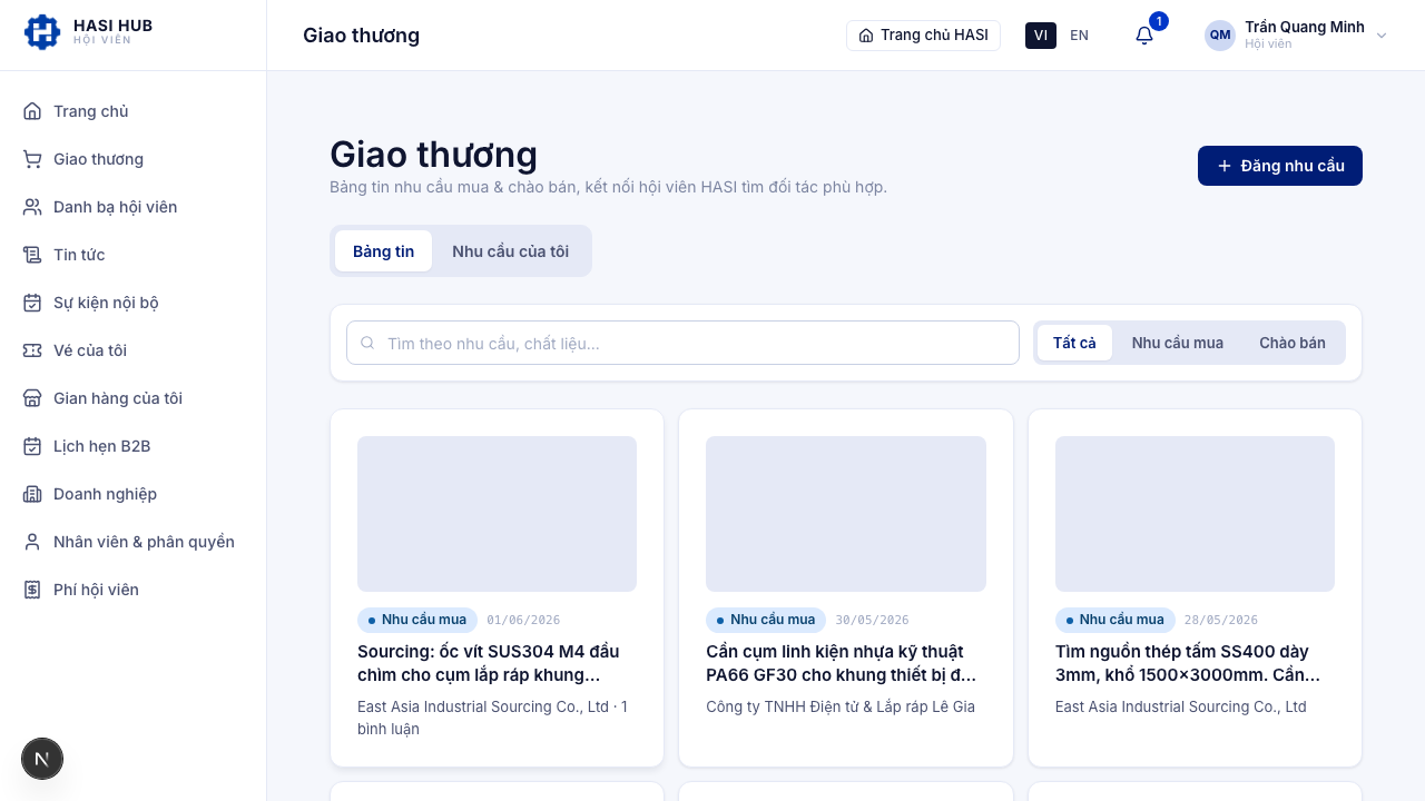 Bảng tin Giao thương với nút Đăng nhu cầu ở góc phải