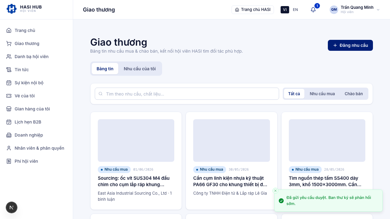 Chân hộp thoại với nút Lưu nháp, Gửi yêu cầu duyệt và thông báo đã gửi