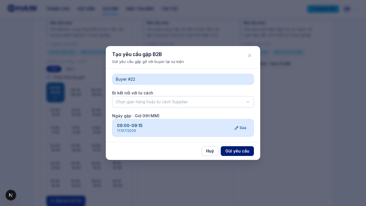 Hộp thoại Tạo yêu cầu gặp B2B với thông tin sự kiện, buyer và khung giờ đã điền sẵn