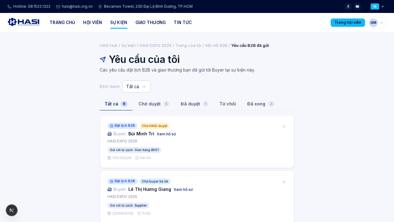 Thẻ Yêu cầu của tôi với mục Yêu cầu B2B đã gửi hiển thị yêu cầu mới ở trạng thái Chờ HASI duyệt