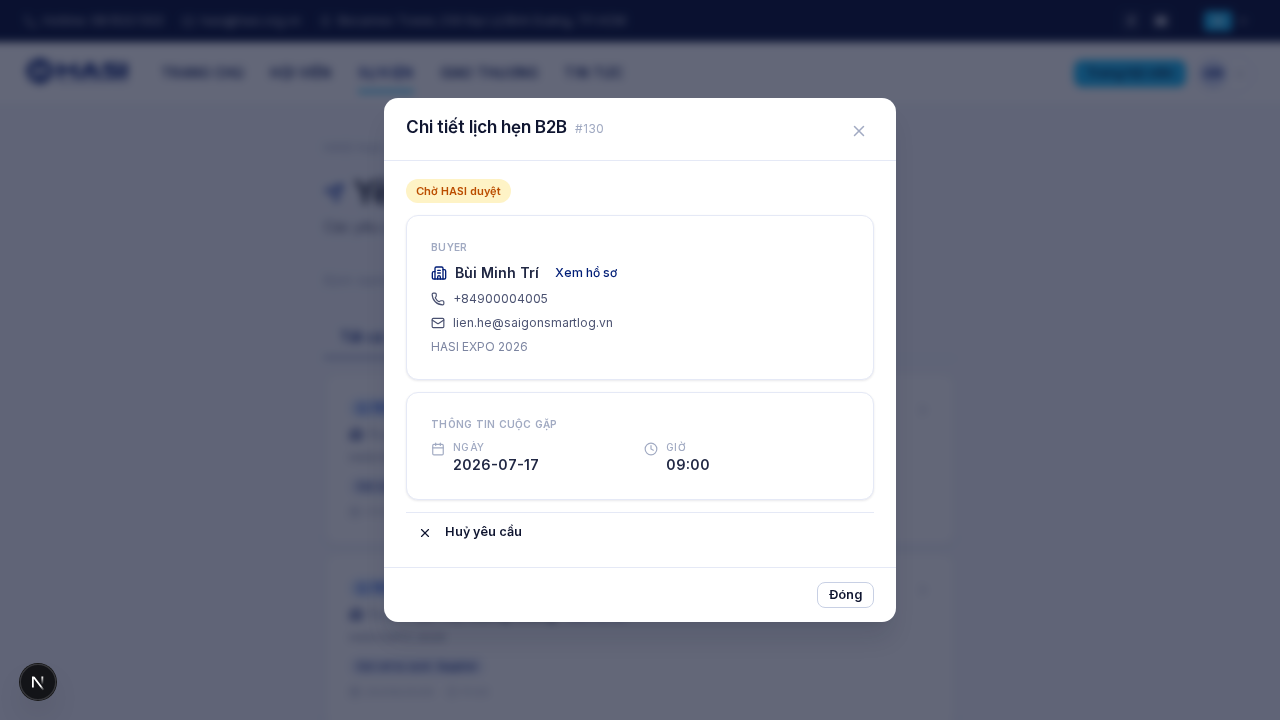 Hộp thoại Chi tiết lịch hẹn B2B: trạng thái, buyer, khung giờ và thao tác