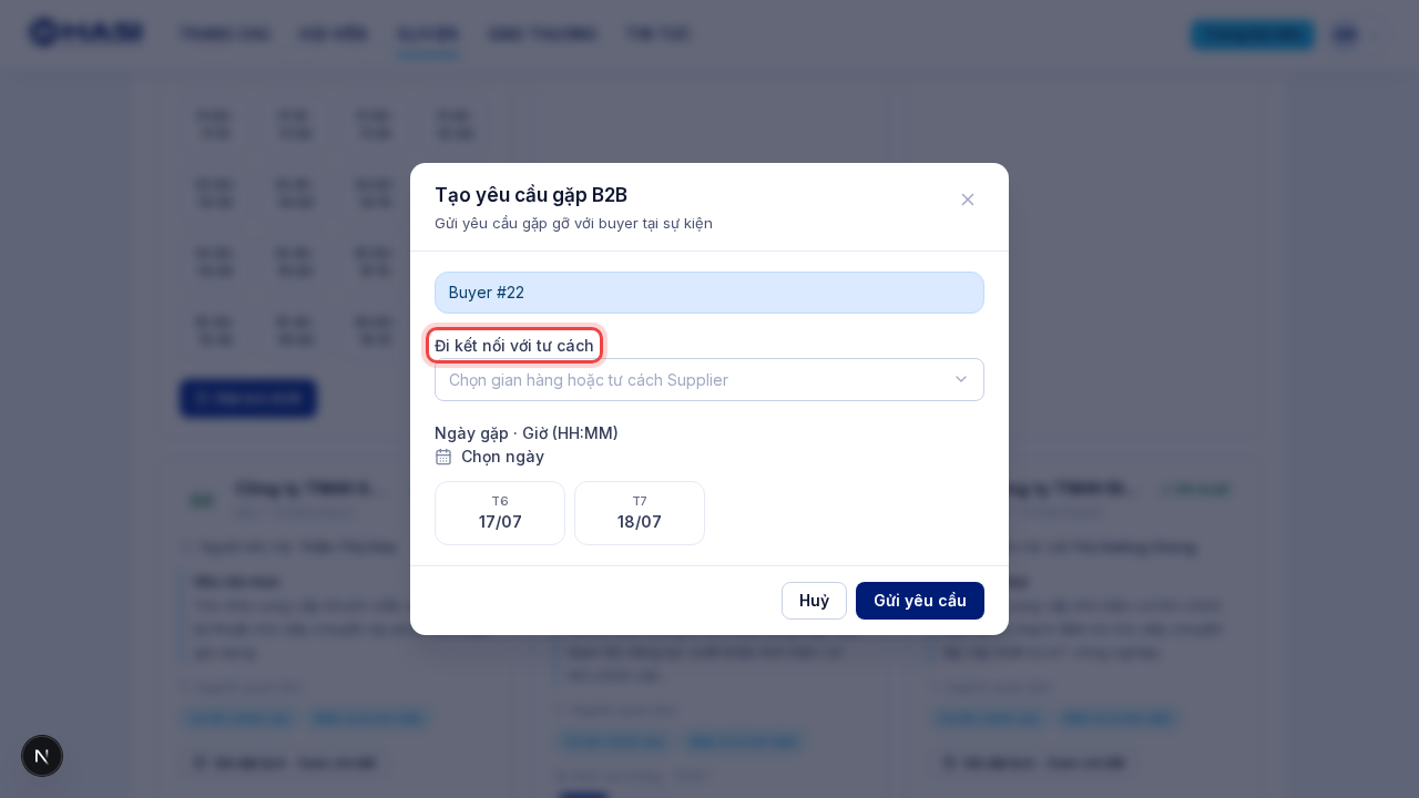 Hộp thoại Tạo yêu cầu gặp B2B với ô Đi kết nối với tư cách liệt kê các gian hàng và tư cách Supplier