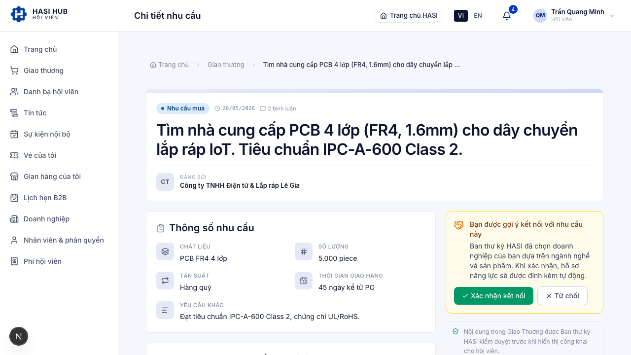 Trang chi tiết nhu cầu với banner lời mời kết nối ở đầu trang