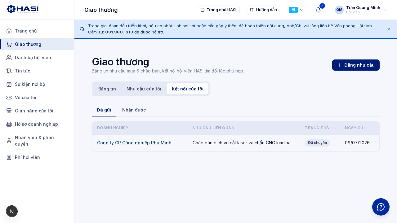 Trang Giao thương với mục Kết nối của tôi và hai sub-tab Đã gửi, Nhận được