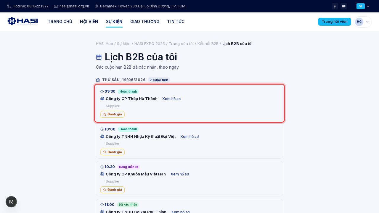Một dòng lịch hẹn B2B với đối tác, khung giờ và trạng thái