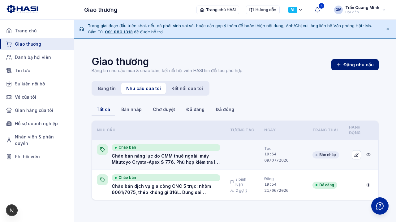 Mục Nhu cầu của tôi với bảng nhu cầu và các tab lọc trạng thái