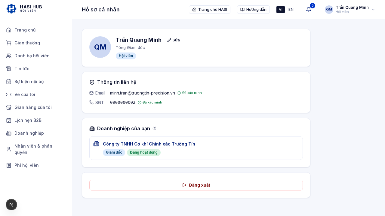 Trang Hồ sơ cá nhân với tên, badge Hội viên và thông tin liên hệ