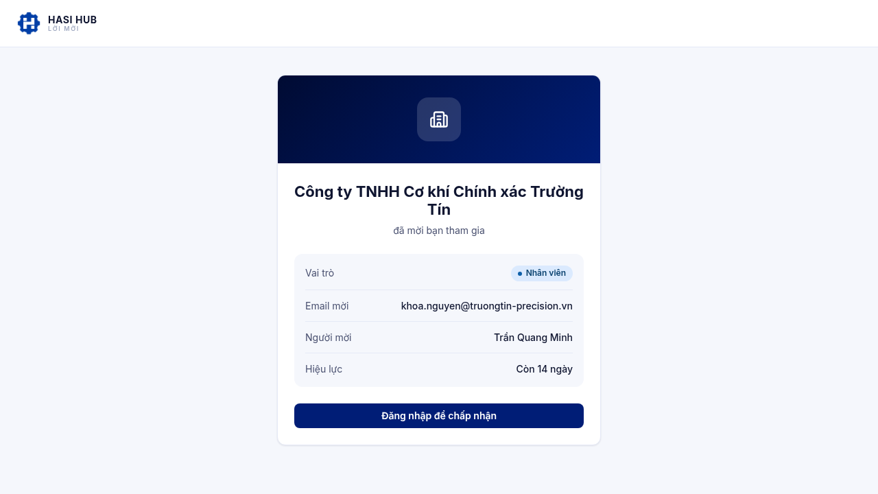 Trang chấp nhận lời mời tham gia doanh nghiệp