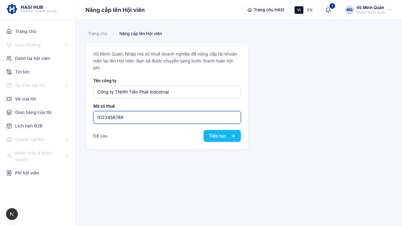 Form điền đầy đủ tên công ty và mã số thuế, nút Tiếp tục