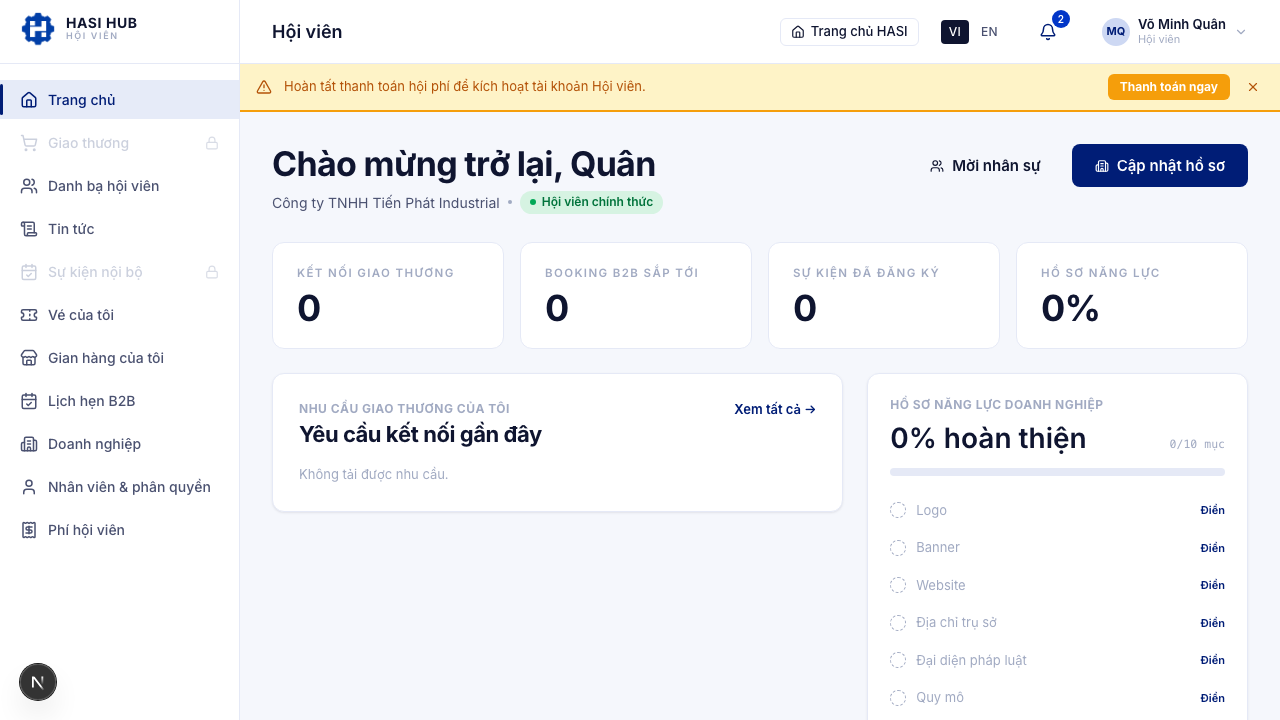 Trang chủ cổng hội viên với badge Hội viên chính thức và banner Hoàn tất thanh toán hội phí