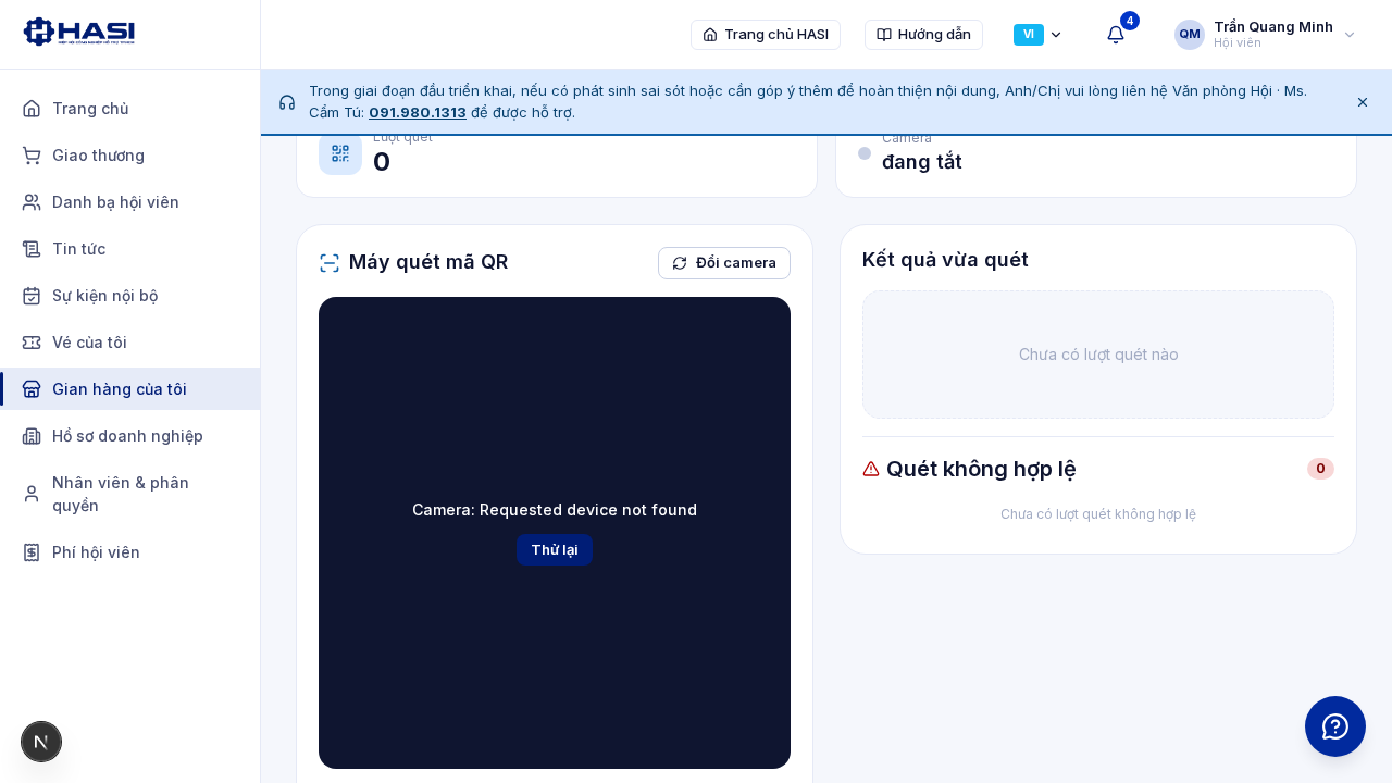 Màn hình check-in tại gian hàng trên điện thoại với gian hàng đã chọn