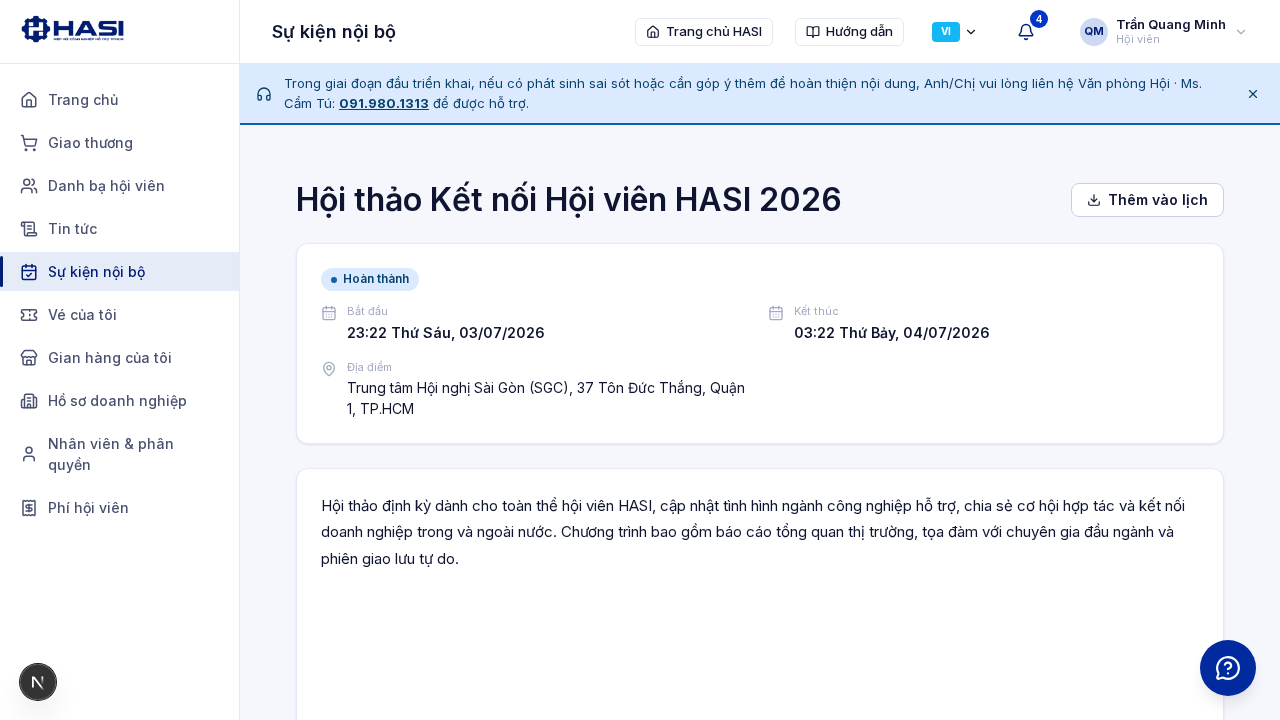 Trang chi tiết sự kiện nội bộ với tiêu đề, ngày giờ, địa điểm, nút Thêm vào lịch và phần mô tả