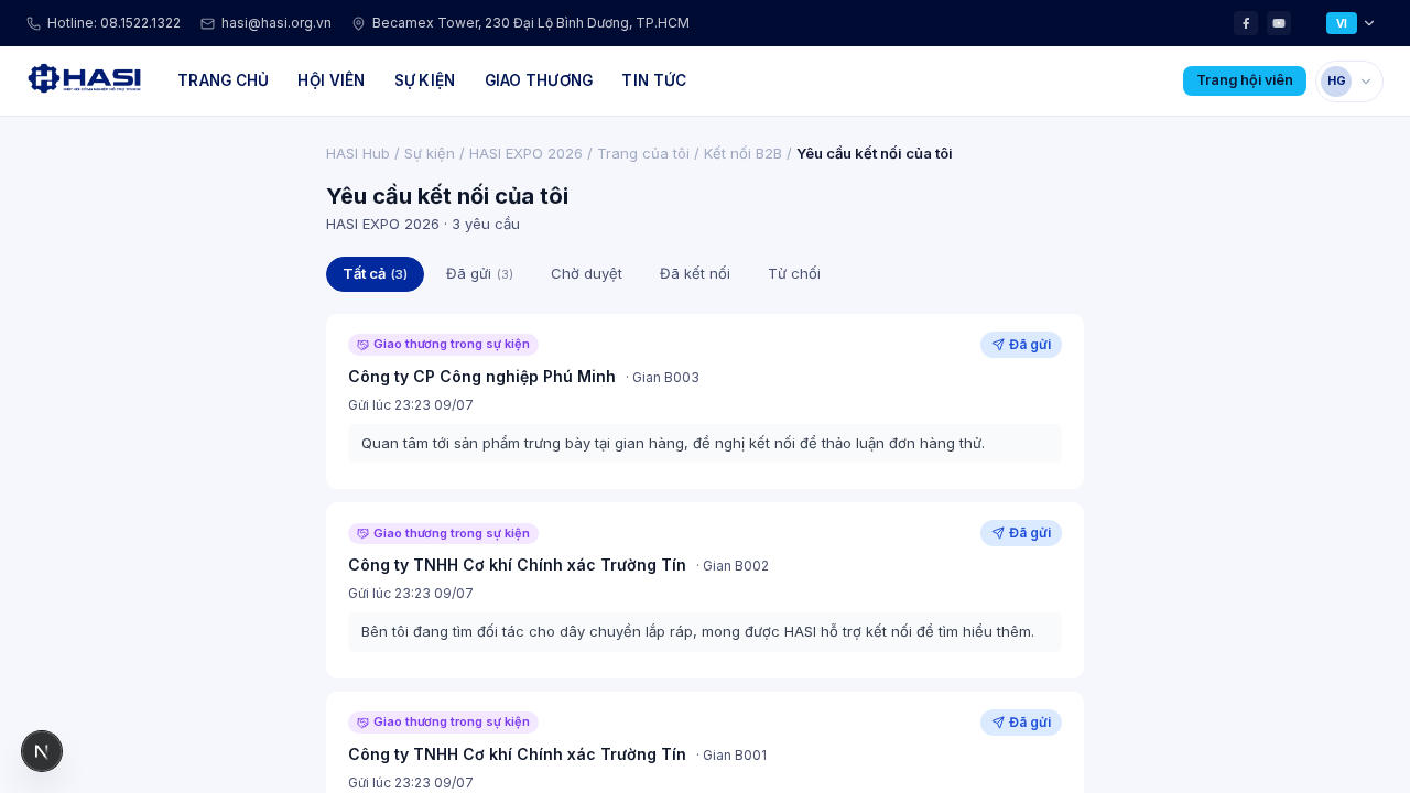 Trang Yêu cầu kết nối của tôi với danh sách yêu cầu kèm trạng thái
