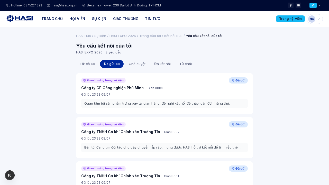 Tab lọc Đã kết nối và thẻ yêu cầu với ghi chú phản hồi từ gian hàng