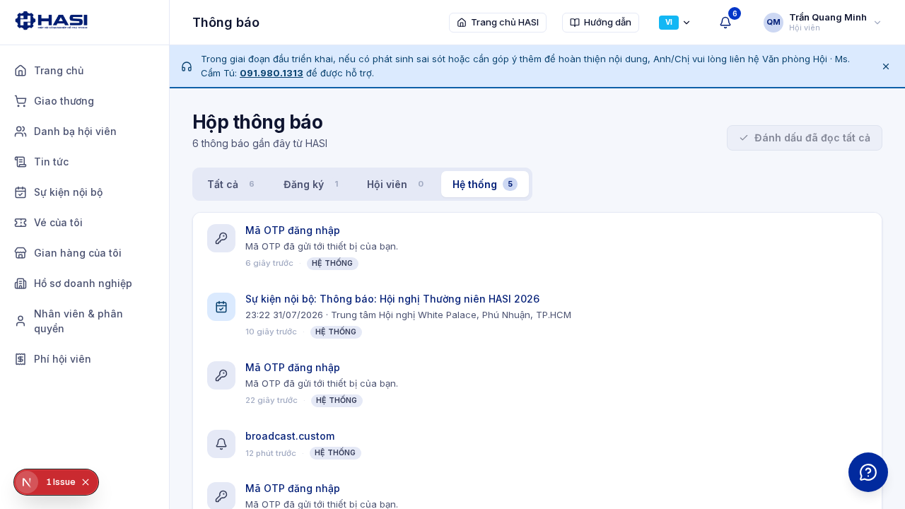 Hộp thông báo sau khi đánh dấu đã đọc tất cả, các thông báo không còn chấm xanh