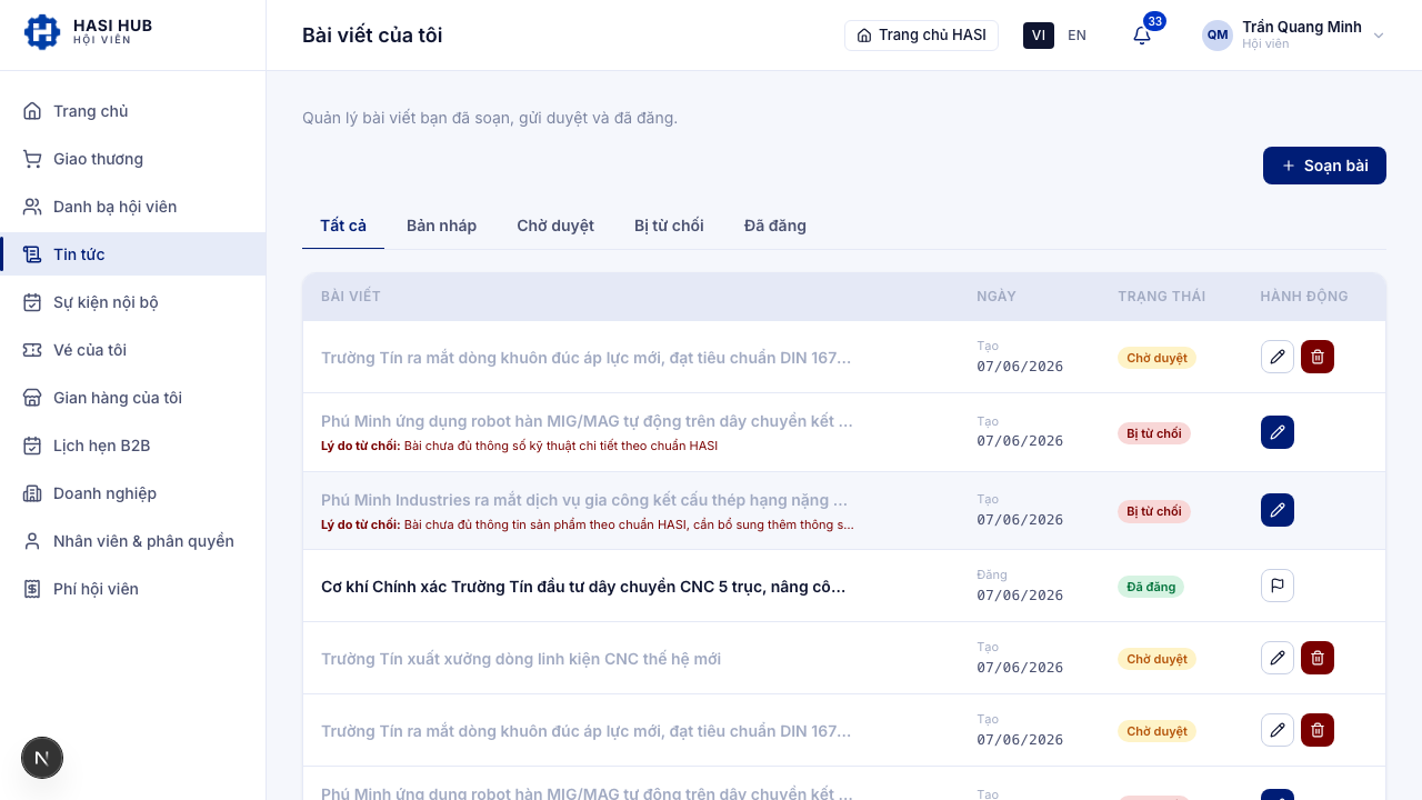Trang Bài viết của tôi với danh sách bài và nút Soạn bài