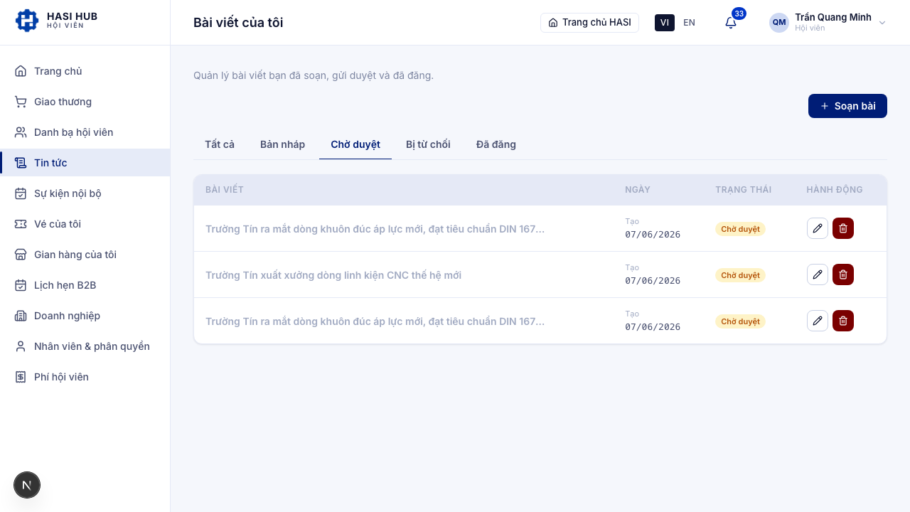 Tab Chờ duyệt với bài vừa gửi trong danh sách