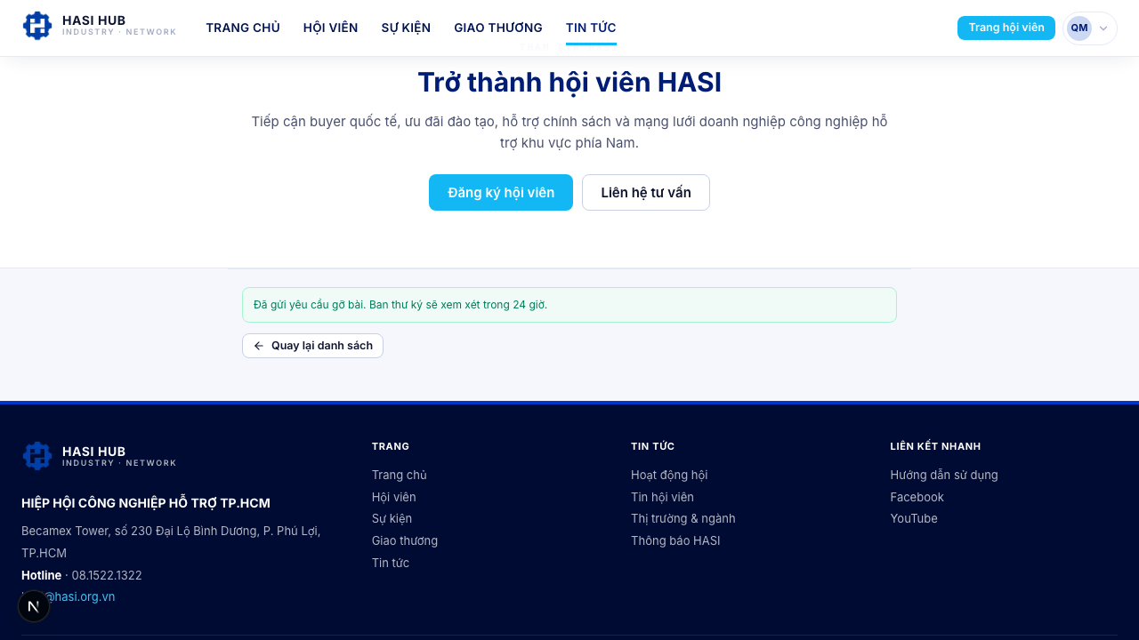 Thông báo xác nhận đã gửi yêu cầu gỡ bài